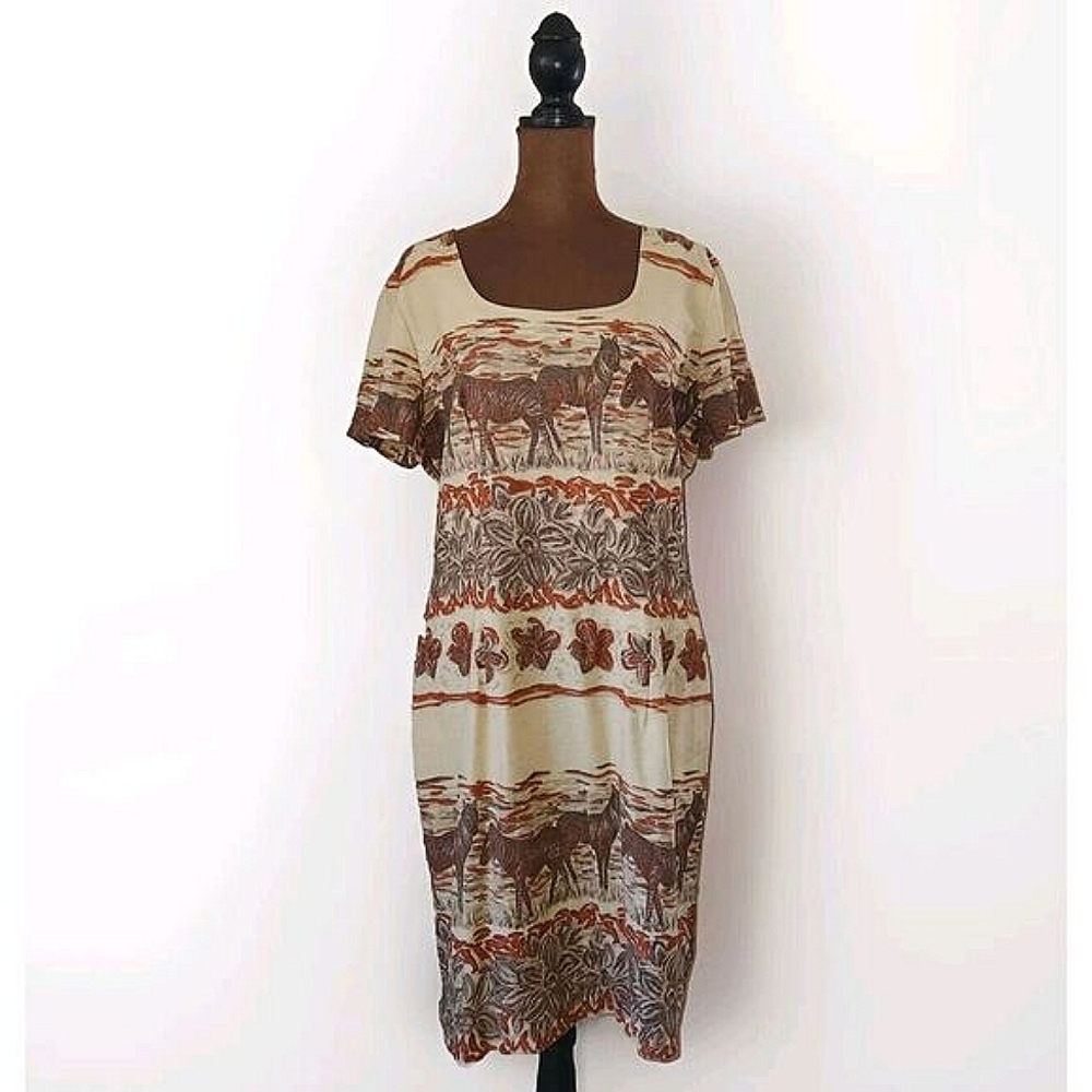 Farouche Dress Size 12 Zebra Safari Linen‎ Blend Sheath Short Sleeve Vintage